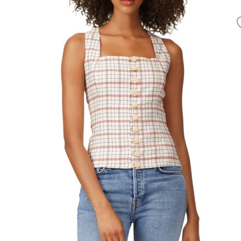 NICHOLAS
Crisscross Back Plaid Linen-Blend Top